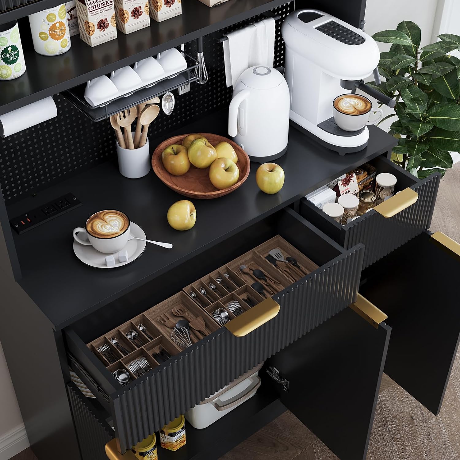 Kitchen Pantry Cabinet with Storage & Pegboard, 71" Tall Hutch Storage Cabinet with Power Outlets, Freestanding Food Pantry with Microwave Stand Spice Rack for Dining Room - Black