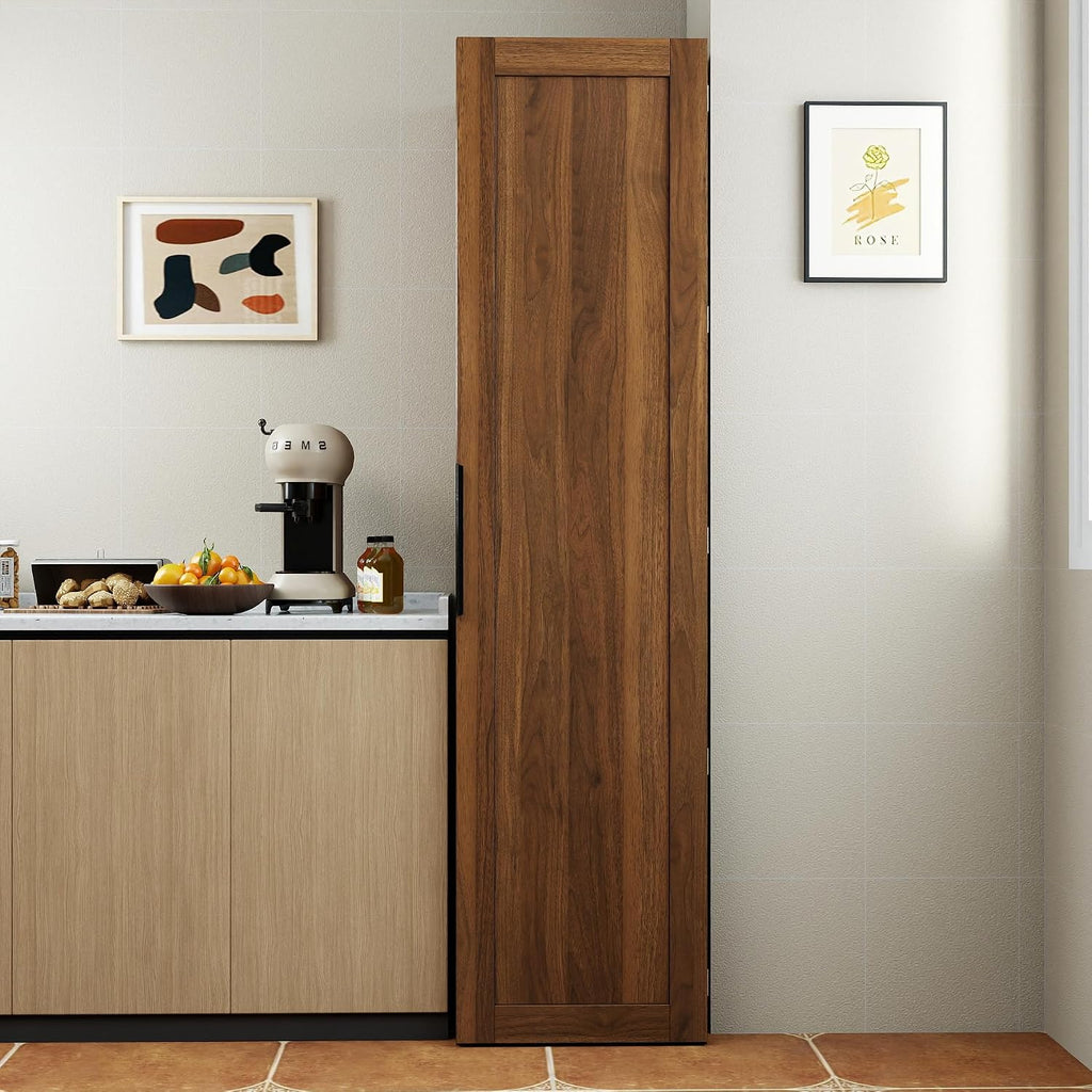63 " Narrow Kitchen Pantry Storage Cabinet with Shelf & Side Racks (Walnut) | Slim Narrow Cabinet Single Door with Adjustable Shelves, Wheels & Side Racks, Easy Assembly for Kitchen Small Space