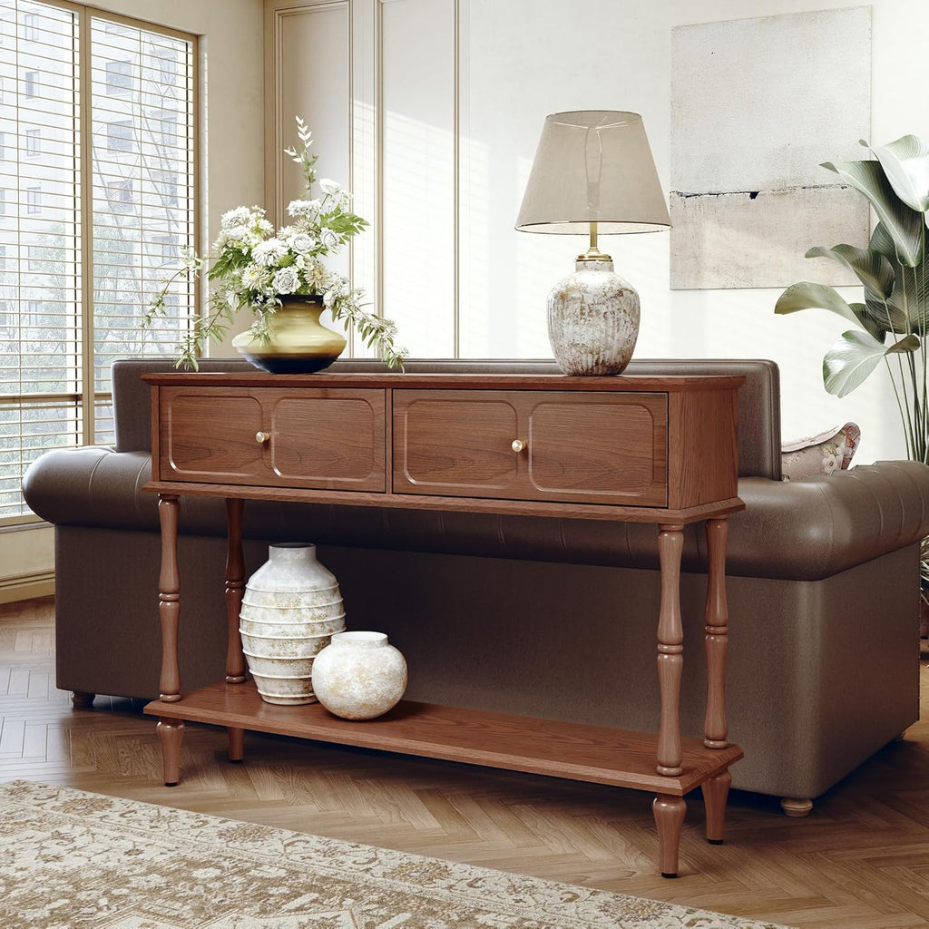 ARTPOWER Console Table with Drawers for Entryway, Mid-Century Entryway Table with Storage, Brown Narrow Entryway Table with Open Shelf Behind Sofa for Living Room, Foyer, Hallway