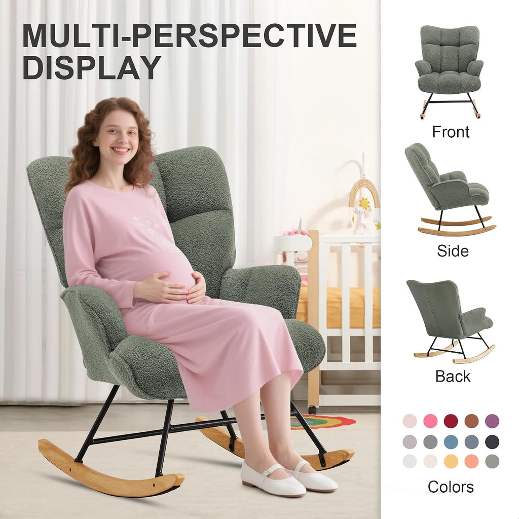 Rocking Chair Nursery Teddy Upholstered Glider Rocker Rocking Accent Chair Padded Seat with High Backrest Comfy Armchair Side Chair for Living Room Bedroom (Sagegreen Teddy)