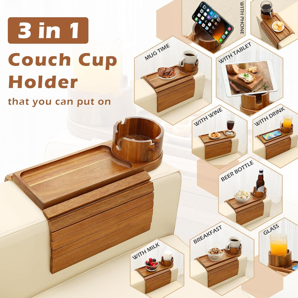 Couch Cup Holder Tray, 15.75" Acacia Wood Couch Armrest Table, 3 in 1 Foldable Sofa Clip on Side Table with 360° Phone Stand, Armrest Tray for Coffee Snacks