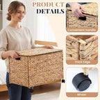 Cinnvoice 17.2 Gallon(65 L) 22×13×14 in Wicker Storage Trunk with Wheels & Lid Heavy Duty Rolling Storage Bench Large Toy Chest Water Hyacinth Woven Blanket Bin for Bedroom, Laundry Room, Natural