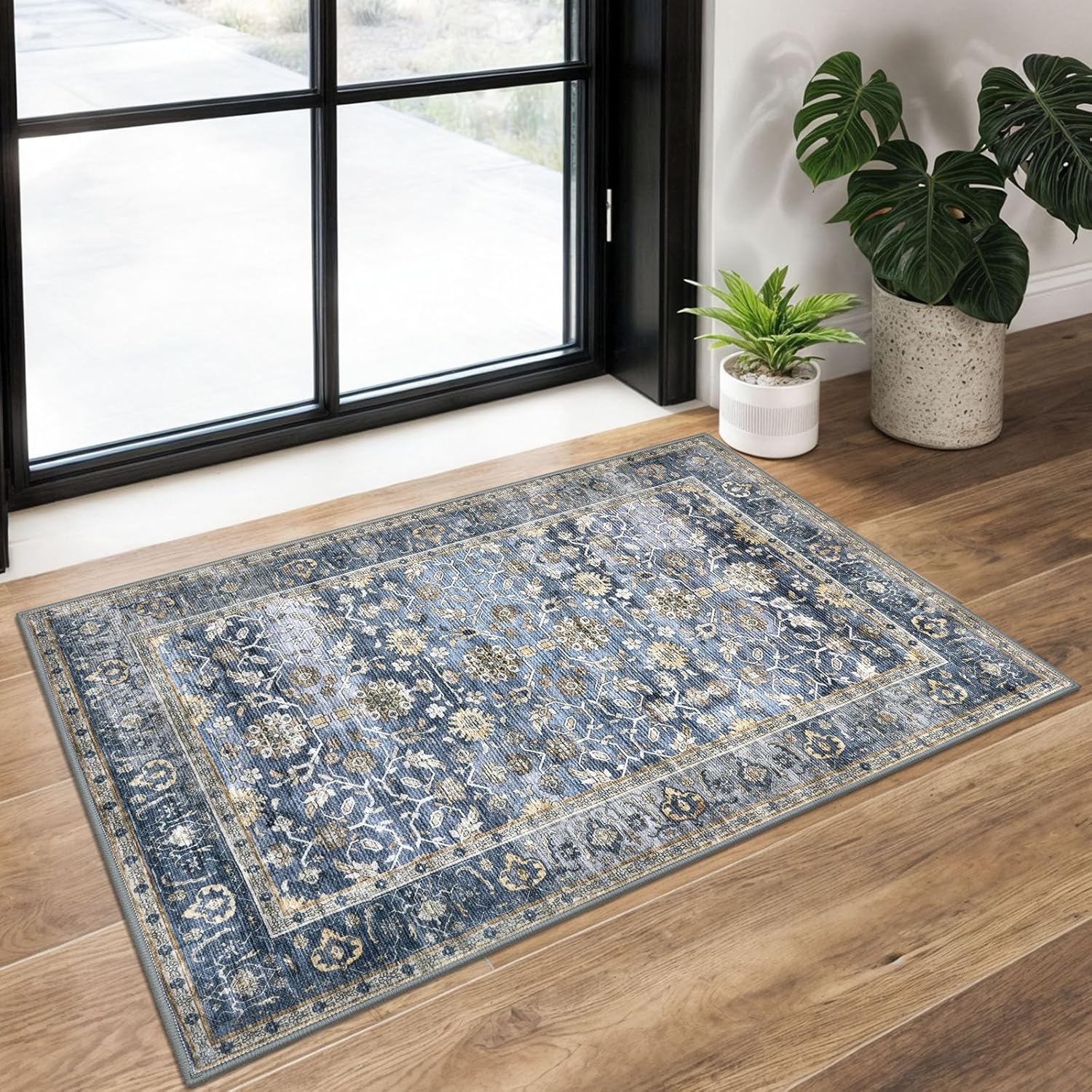 KUTA Vintage 2x3 Rugs for Entryway, Non-Slip Washable Area Rug & Indoor Door Mat with Floral Print, Blue Grey Beige Ultra Thin Soft Low-Pile Throw Rug for Kitchen Front Door, Bedside, Small Spaces