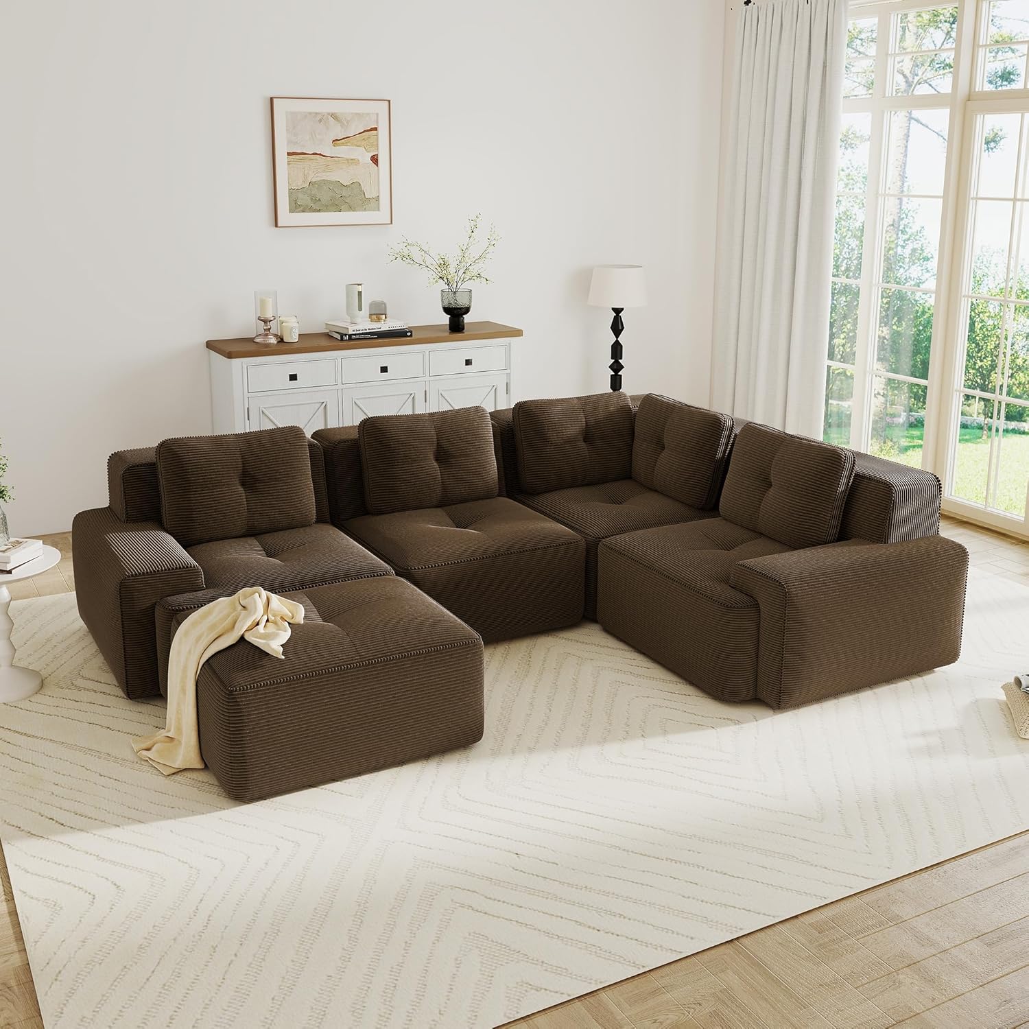 Oversized Modular Sectional Sofa, Modern V Shaped Corner Boneless Couch with Ottoman, Comfy 5 Seater Cloud Sleeper Sofa with Deep Seat, Customizable Layout Couches for Living Room, Apartment, Brown