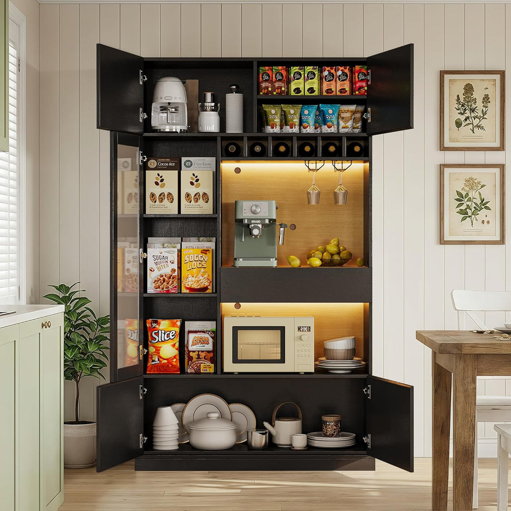 Einhomn 69" Kitchen Pantry Cabinet with LED Lights & Charging Station & Wine Rack, Large Kitchen Hutch with Glass Door & Countertop & Adjustable Shelves for Dining Room, Living Room, Black