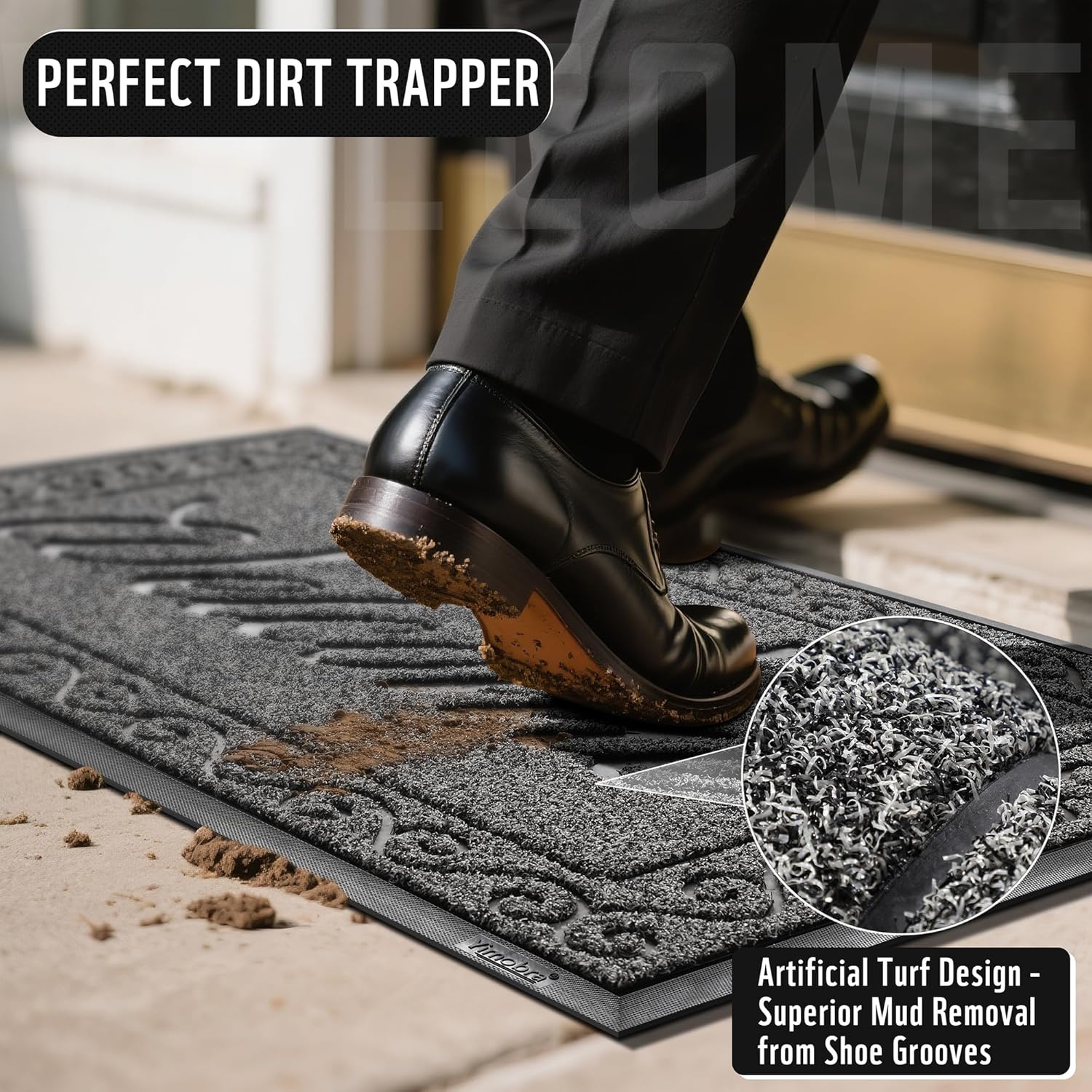 Yimobra Welcome Mat, Heavy Duty Sturdy Door Mats for Home Entrance Outdoor Indoor, Front Doormat for Outside Patio Floor Entry Porch Garage Office, Waterproof, Low Profile, 29.5x17, Black Grey