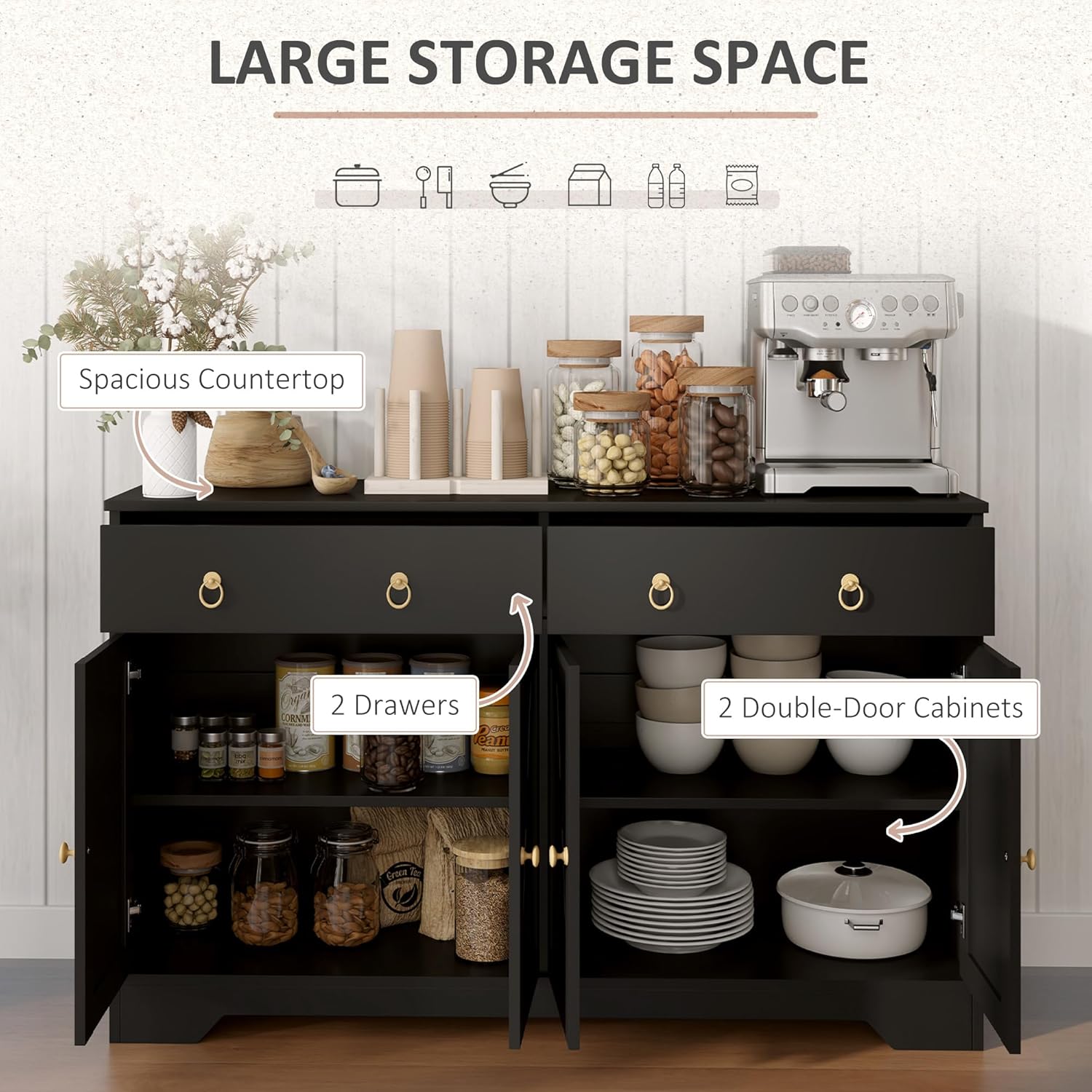 HOMCOM 48" Sideboard Buffet with Storage, Kitchen Storage Cabinet with 2 Drawers and 4 Barn Doors, Farmhouse Coffee Bar Cabinet with Adjustable Shelves, Black
