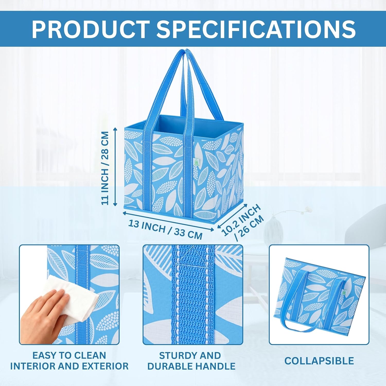 VENO 3 Pack Reusable Grocery Bags, Shopping Bags for Groceries, Tote with Handles and Hard Bottom, Foldable Shopping Cart Organizer, Water Resistant, Heavy-Duty (Spring Breeze, 6 Gallon)