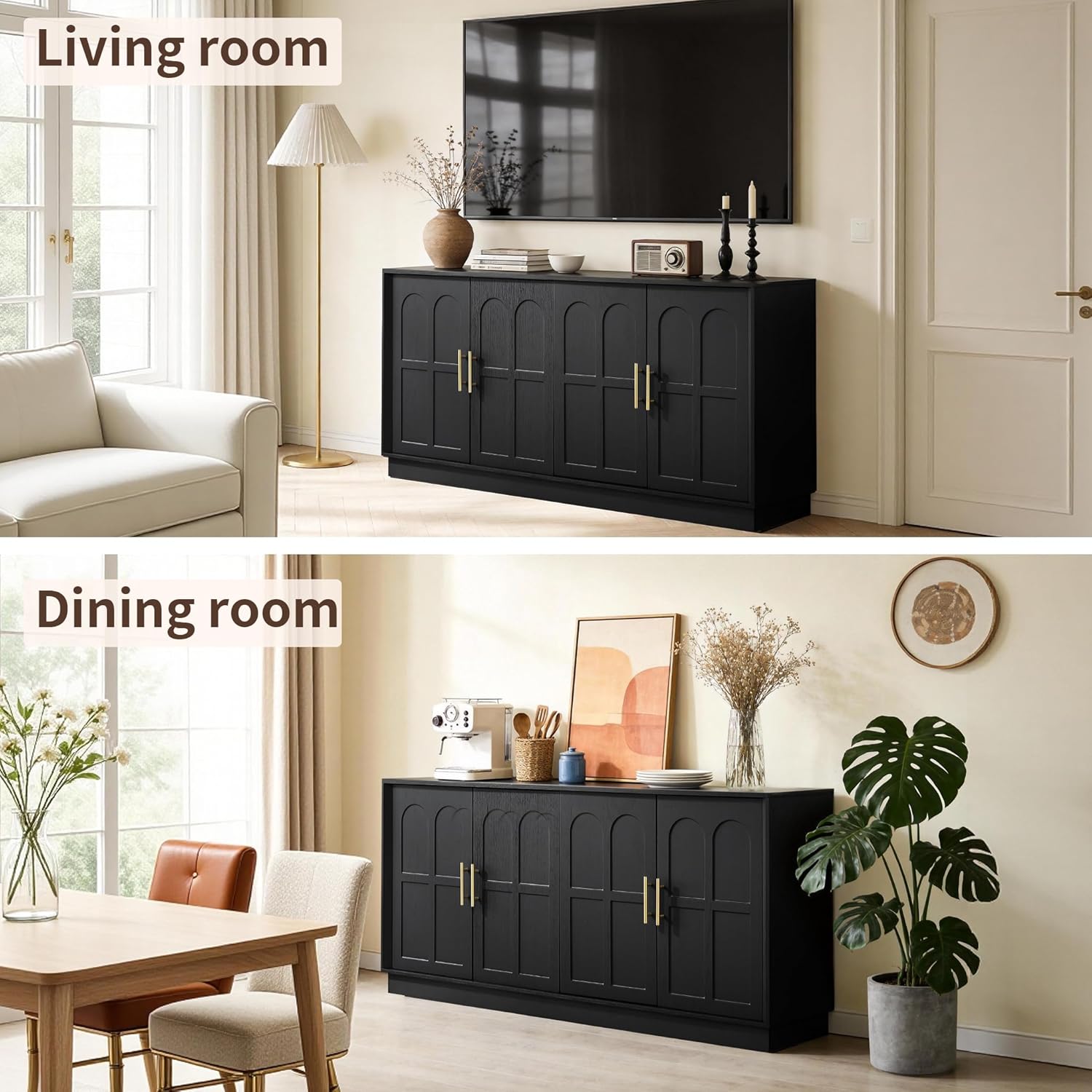 66.5" Sideboard Buffet Cabinet with Storage, Modern Credenza with Arched Doors, Large Wood Accent Cabinet for Living Room Entryway (Black)