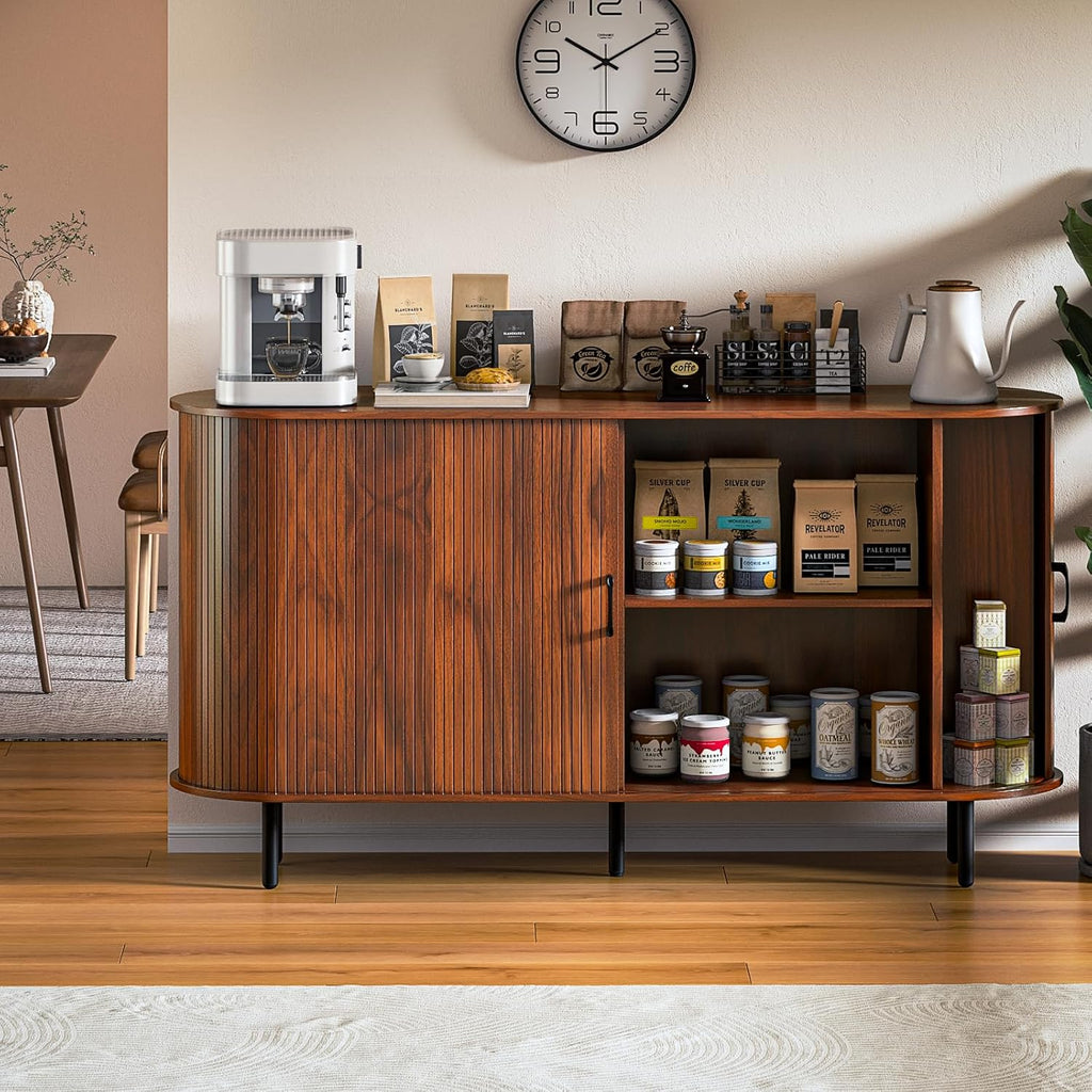 PUKAMI 55" Wood Buffet Sideboard Cabinet with Storage, Mid-Century Modern Coffee Bar Cabinet with Sliding Doors & Shelves, Accent Credenza Console Table for Kitchen, Dining Room, Entryway