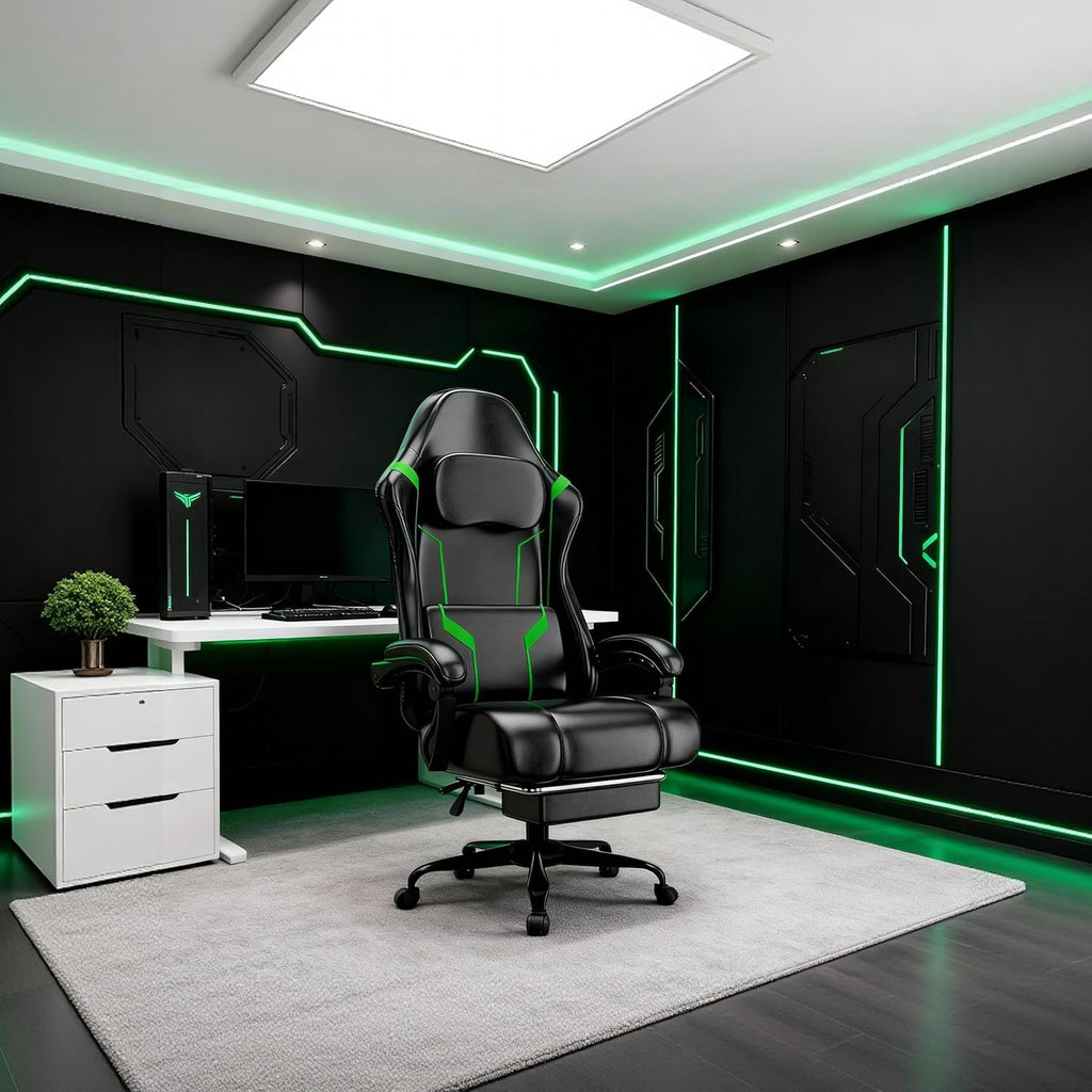 Gaming Chair with Footrest, Ergonomic Gamer Chair with Pocket Spring Cushion and Lumbar Pillow, Video Game Chair for Adults (Black + Green)