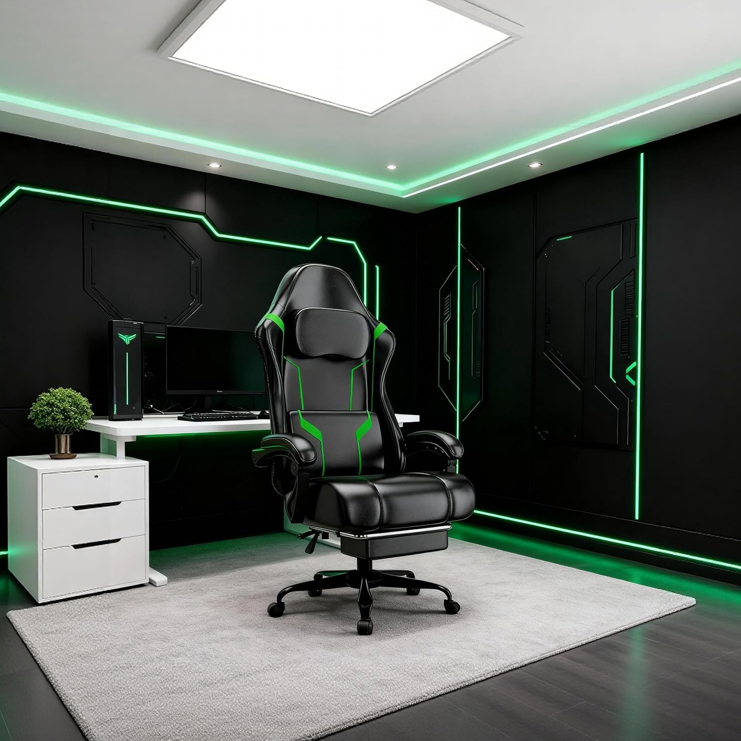 Gaming Chair with Footrest, Ergonomic Gamer Chair with Pocket Spring Cushion and Lumbar Pillow, Video Game Chair for Adults (Black + Green)