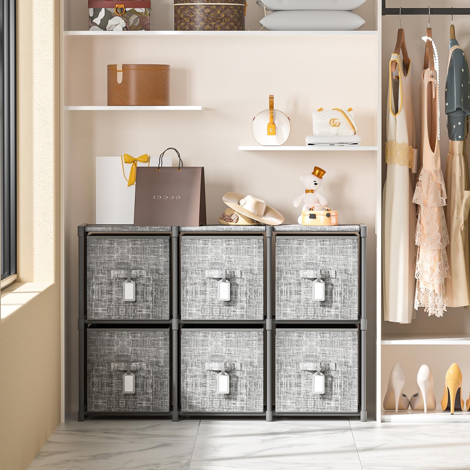 LUKYTOWER Cube Storage Organizer Shelf with 6 Printed Bins + Labels, Adjustable Modular Cubby Storage Organizer with Bins, Large Capacity Shelves for Storage,Closet, Living Room, Dorm, Yarn