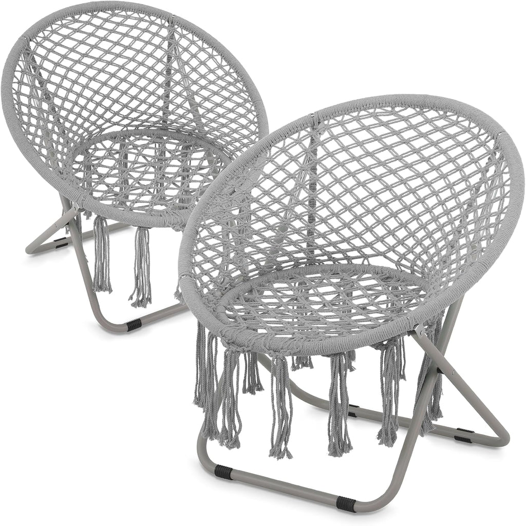 Magshion Boho Saucer Chair for Adults, Folding Chair with Tassels Cotton Rope Mesh, Cozy Moon Chair for Indoor Outdoor Home, Garden, Patio, Yard Decor and Relaxation (Grey, Set of 2)