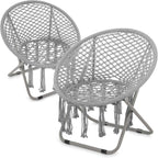 Magshion Boho Saucer Chair for Adults, Folding Chair with Tassels Cotton Rope Mesh, Cozy Moon Chair for Indoor Outdoor Home, Garden, Patio, Yard Decor and Relaxation (Grey, Set of 2)