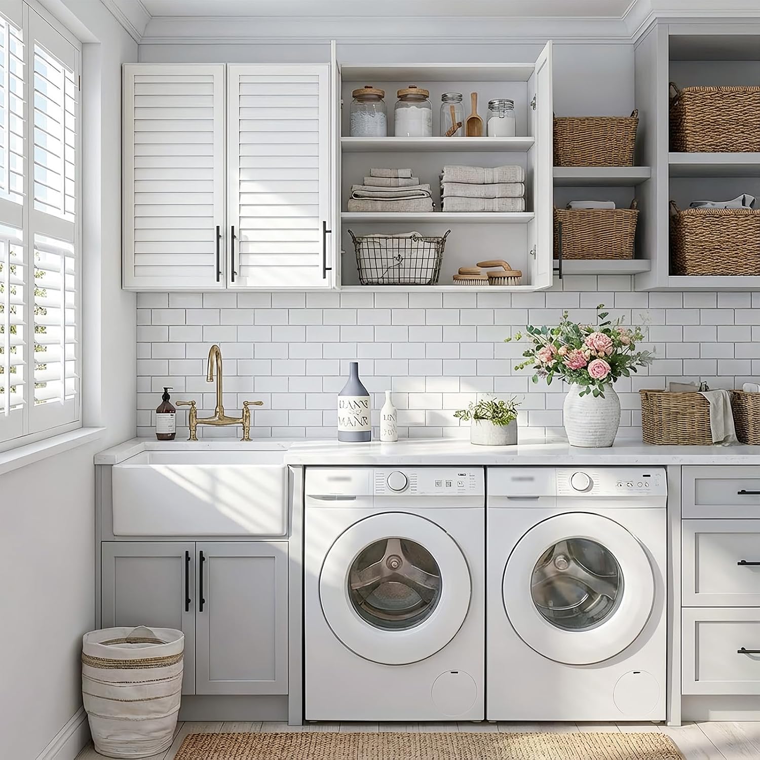 Furnaza 60" W Laundry Room Wall Cabinet with Shutter Style Doors, Wall Mounted Storage Cabinet with Adjustable Shelf, Upper Storage for Laundry Room, Bathroom, Kitchen,White