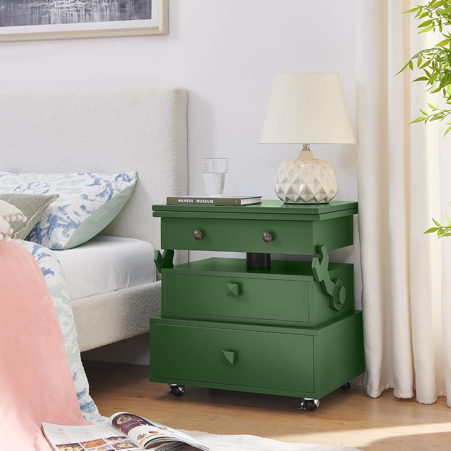 High Gloss Rolling Lift Top End Table with Charging Station, Height Adjustable Mobile Side Table with Storage Drawer and Lockable Wheels, Space-Saving Nightstand for Living Room Bedroom, Green