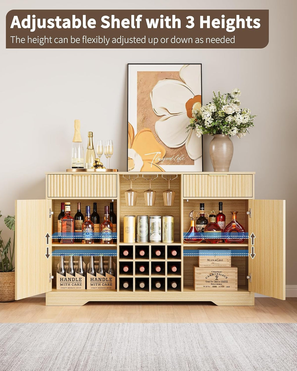 55" Fluted Wine Bar Cabinet - Coffee Bar Cabinets for Home with Storage, 2 Door & 2 Drawer Buffet Sideboard with Liquor Rack and Glass Holder, Alcohol Indoor Bars for Living Room, Kitchen