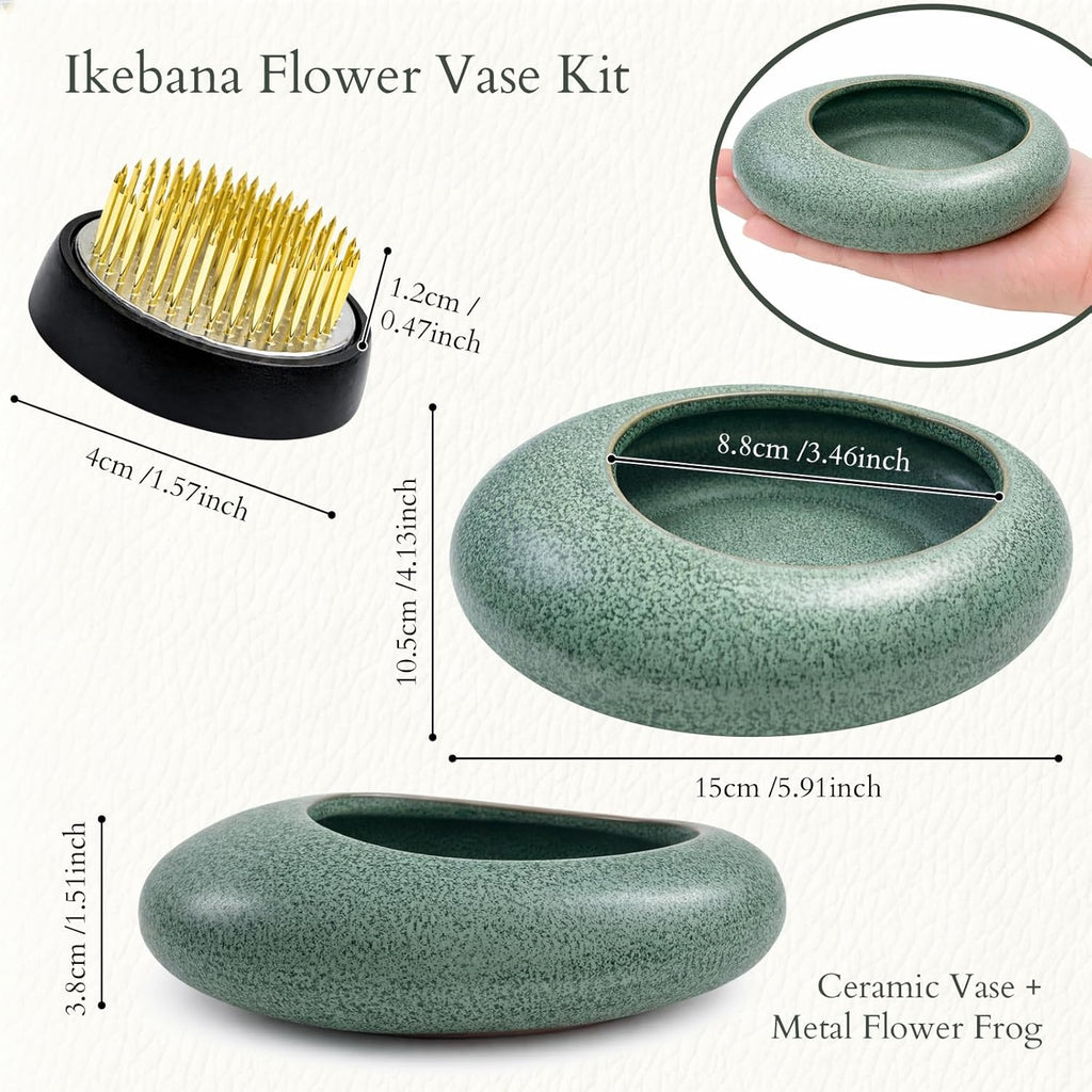 Japanese Flower Frog Vase Set, Celadon Glaze | Japanese Artisan, Flower Frog, Modern Flower Arrangement Pot, Living Room Decor & Art Supplies, Gift Box for Flower Lover