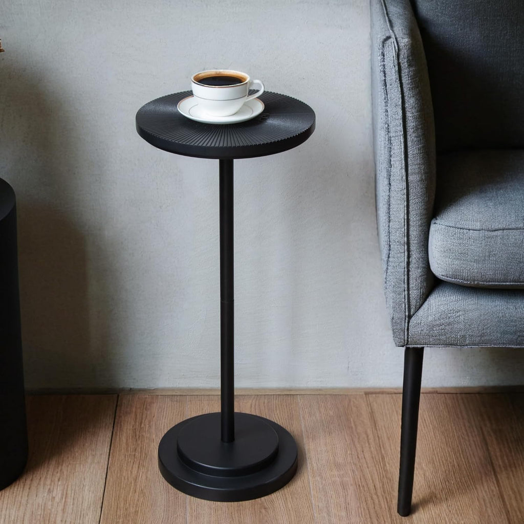 COVLON Drink Table, Carved Table Top Martini Table, Small Side Table, Weighted Base Pedestal Table for Living Room, Bedroom, Small Space, Modern, Black