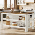 63-Inch Solid Wood Kitchen Island with Storage Shelves, Farmhouse Island Table with Seating, Counter Height Bar Table for Dining Room, Kitchen, Easy to Assemble, White and Brown