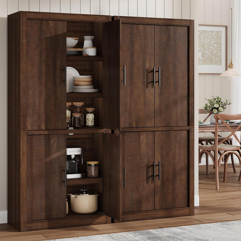 IDEALHOUSE Tall Wooden Kitchen Pantry Cabinet, Farmhouse 4-Magnetic Door Freestanding Food Storage Cupboard Pantry Cabinet with Adjustable Shelves & Large Storage for Dining, Living Room, Retro Brown