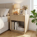 holzart Fluted Wood Nightstand with Hidden Compartment, Modern Oak End Table with Wavy Drawer and Open Shelf, Boho Bedside Side Table for Bedroom and Living Room