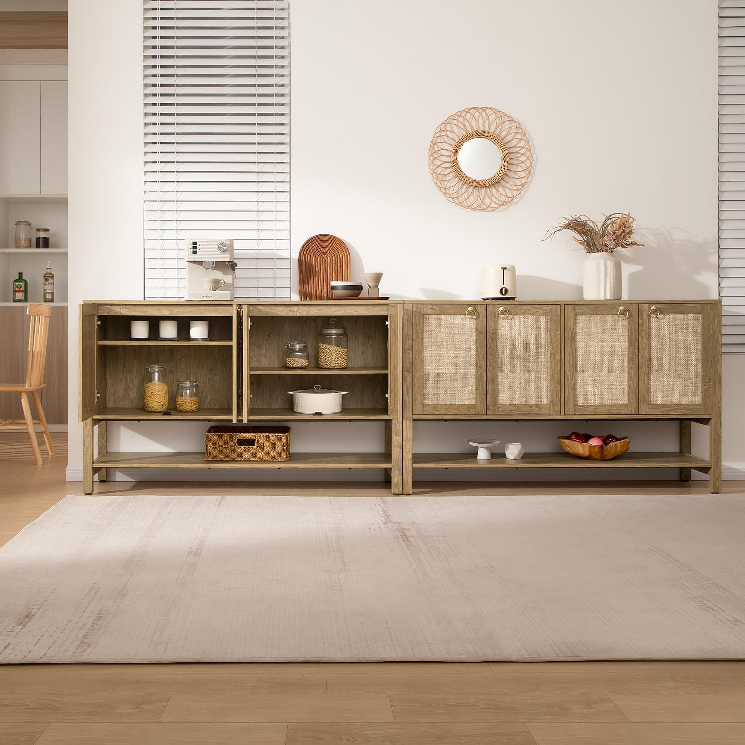 SICOTAS 55" Cherry Sideboard Buffet Cabinet with Rattan Doors, Rustic Farmhouse Coffee Bar Cabinet with Open Shelf, Warm Wood Credenza & Console Table for Kitchen, Dining Room, Entryway