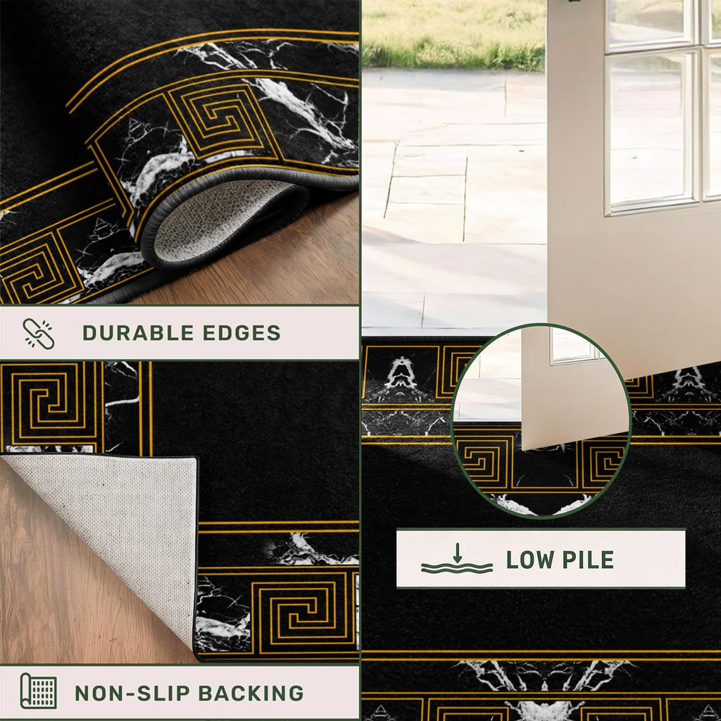 Elegant Black Runner Rug with Geometric Marble & Gold Greek Key Design, Low Pile Non-Slip Hallway Carpet, Washable Kitchen Floor Mat, for Living Room Bedroom Entryway Home Office Decor, 2' x 8'