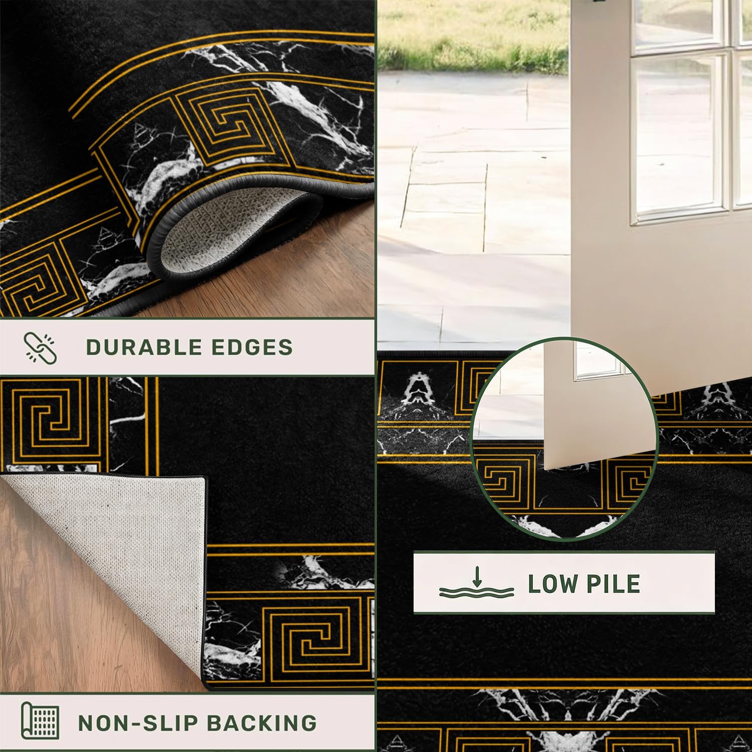 Elegant Black Runner Rug with Geometric Marble & Gold Greek Key Design, Low Pile Non-Slip Hallway Carpet, Washable Kitchen Floor Mat, for Living Room Bedroom Entryway Home Office Decor, 2' x 8'