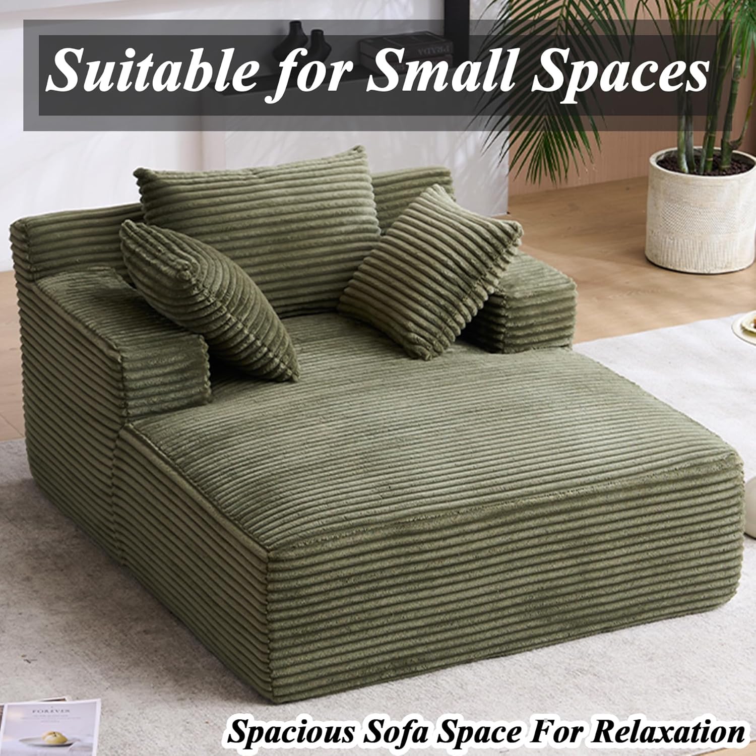 HRVEOCEI 67" Chaise Lounge Indoor, Oversized Chaise Lounge Chair with 3 Comfy Pillows for Living Room Bedroom, Wide Arms Corduroy Fabric High-Density Foam No Assembly Required (Sage Green)