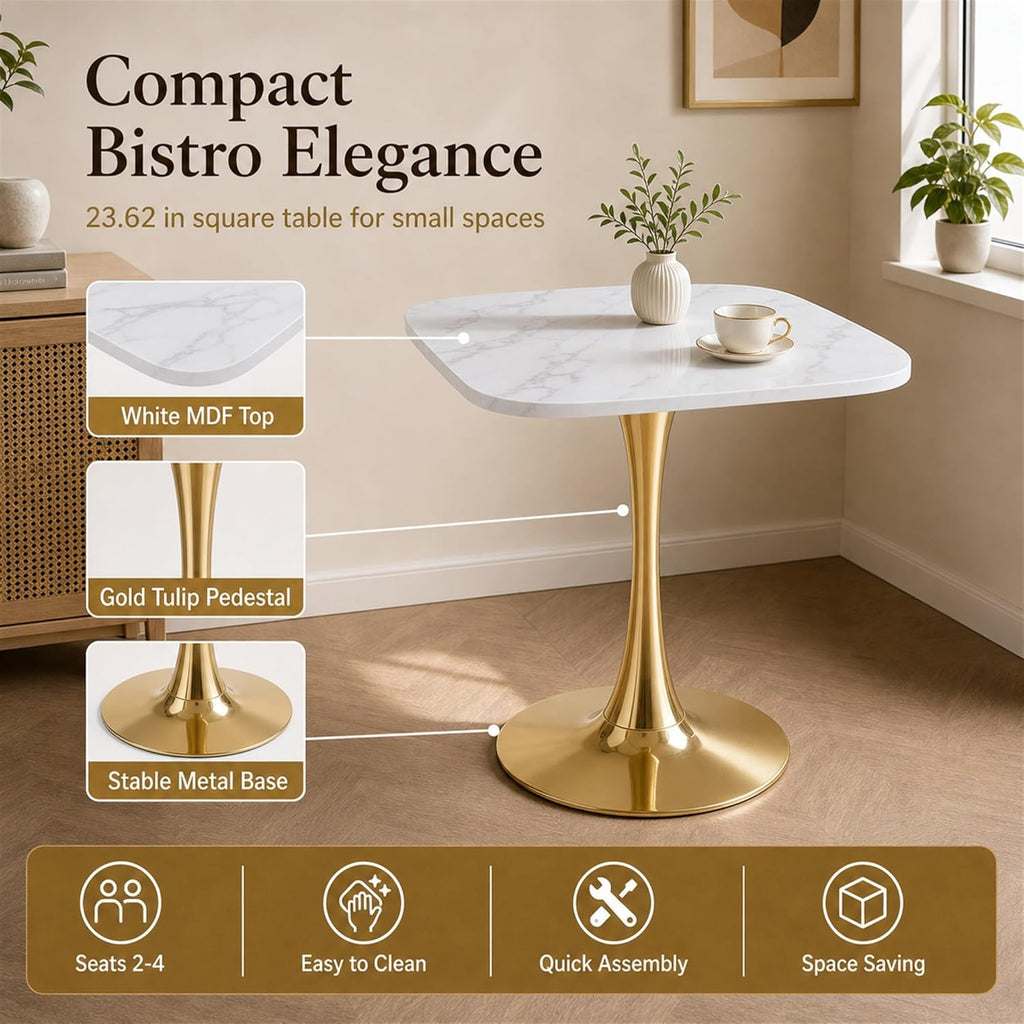 24 Inch Square White Marble-Look Tulip Dining Table for 2–4 with Gold Metal Base – Space Saving Small Apartment Kitchen Table, Pedestal Bistro Table for Breakfast Nook, Cafe, Studio Living (No Chairs)