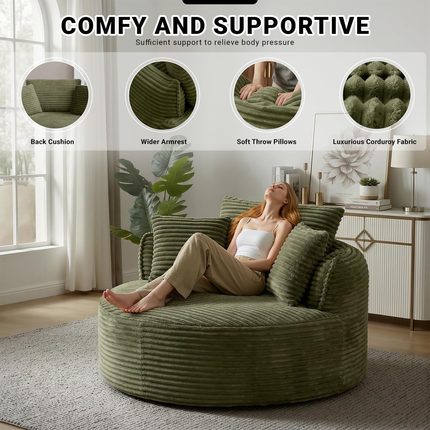 ivoros Oversized Round Lounge Chair Indoor, Corduroy Upholstered Deep Seat Cloud Circle Sofa Chair, Fluffy Boneless Sleeper Chair for Reading & Lounging, No Assembly Required (Green)