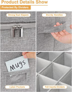 punemi Mug Storage Organizer w/Hard Shell Sides & Bottom, Padded Dividers, 2-Pack Stackable Coffee Mug Storage Boxes for Tea Cups, China Storage Containers for Packing & Moving
