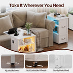 Dystler Side Table with Charging Station and LED Lights, 27.5" Tall Rolling End Table with Drawers and Shelves, Narrow Nightstand with Wheels for Small Space, Living Room, Bedroom, White