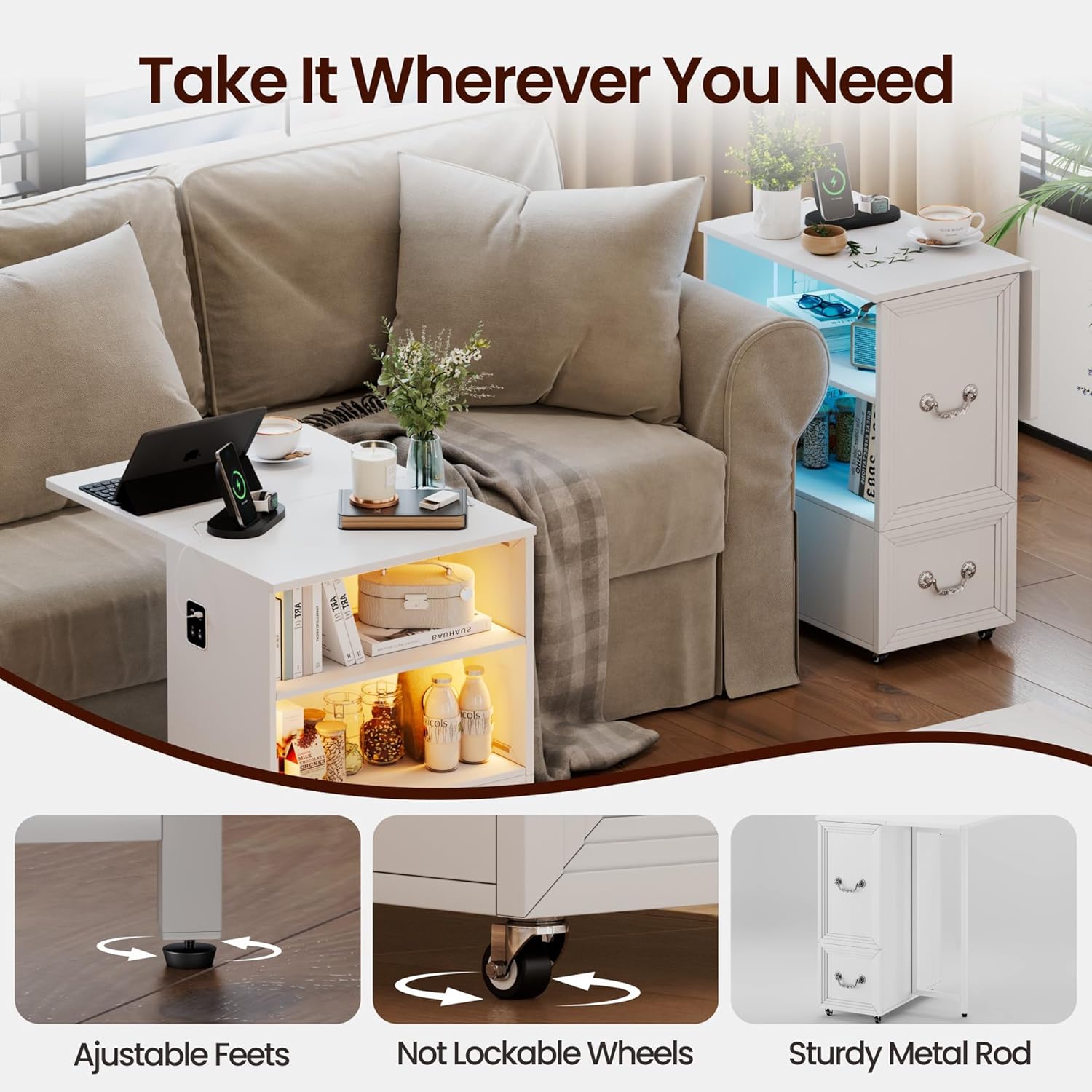 Dystler Side Table with Charging Station and LED Lights, 27.5" Tall Rolling End Table with Drawers and Shelves, Narrow Nightstand with Wheels for Small Space, Living Room, Bedroom, White