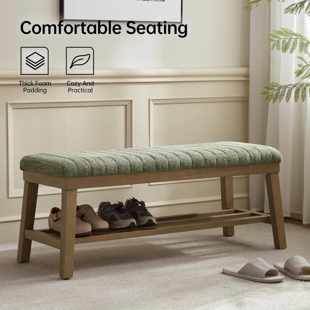 VKNOW Entryway Bench, 44.4" Upholstered Storage Shoe Bench for Entryway & Bedroom, Shoe Rack Bench with Rubberwood Legs, Modern End of Bed Bench for Living Room and Hallway, Green