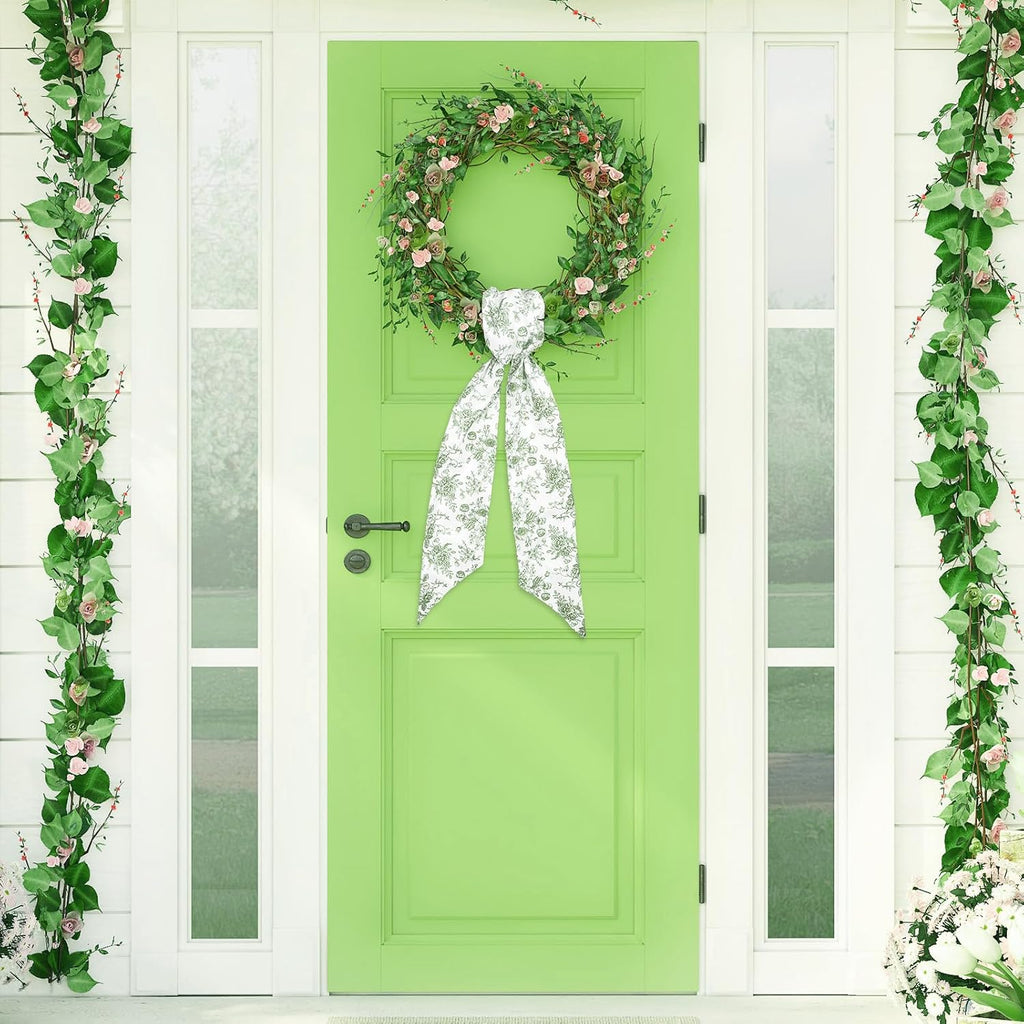 Whaline 2 Pcs Green Flower Wreath Sash for Front Door Chinoiserie Floral Garland Ribbon for Holiday Party Home Decor Indoor Outdoor