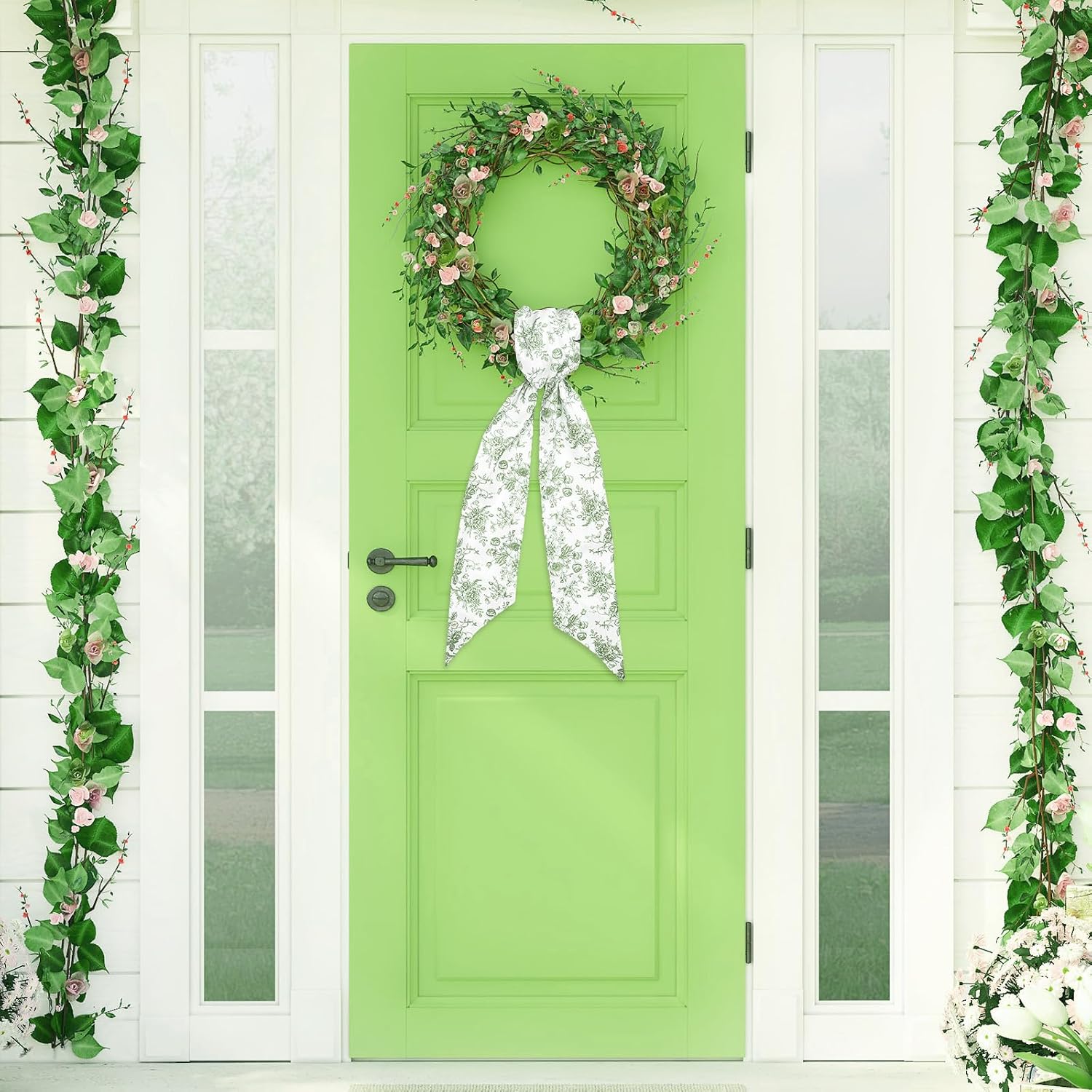 Whaline 2 Pcs Green Flower Wreath Sash for Front Door Chinoiserie Floral Garland Ribbon for Holiday Party Home Decor Indoor Outdoor