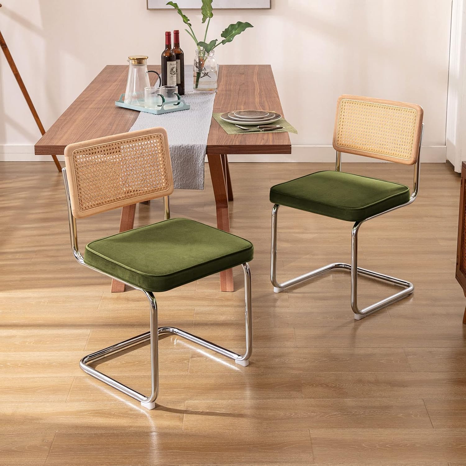 Zesthouse Mid Century Modern Dining Chairs Set of 4, Natural Rattan Dining Chairs with Solid Wood Back & Chrome Base, Upholstered Velvet Fabric, Green