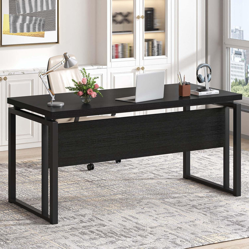 EXCEFUR Black Desk for Home Office, Modern Computer Desk, Wood and Metal Writing Study Table for Workstations, Living Room, Bedroom, 53 Inch