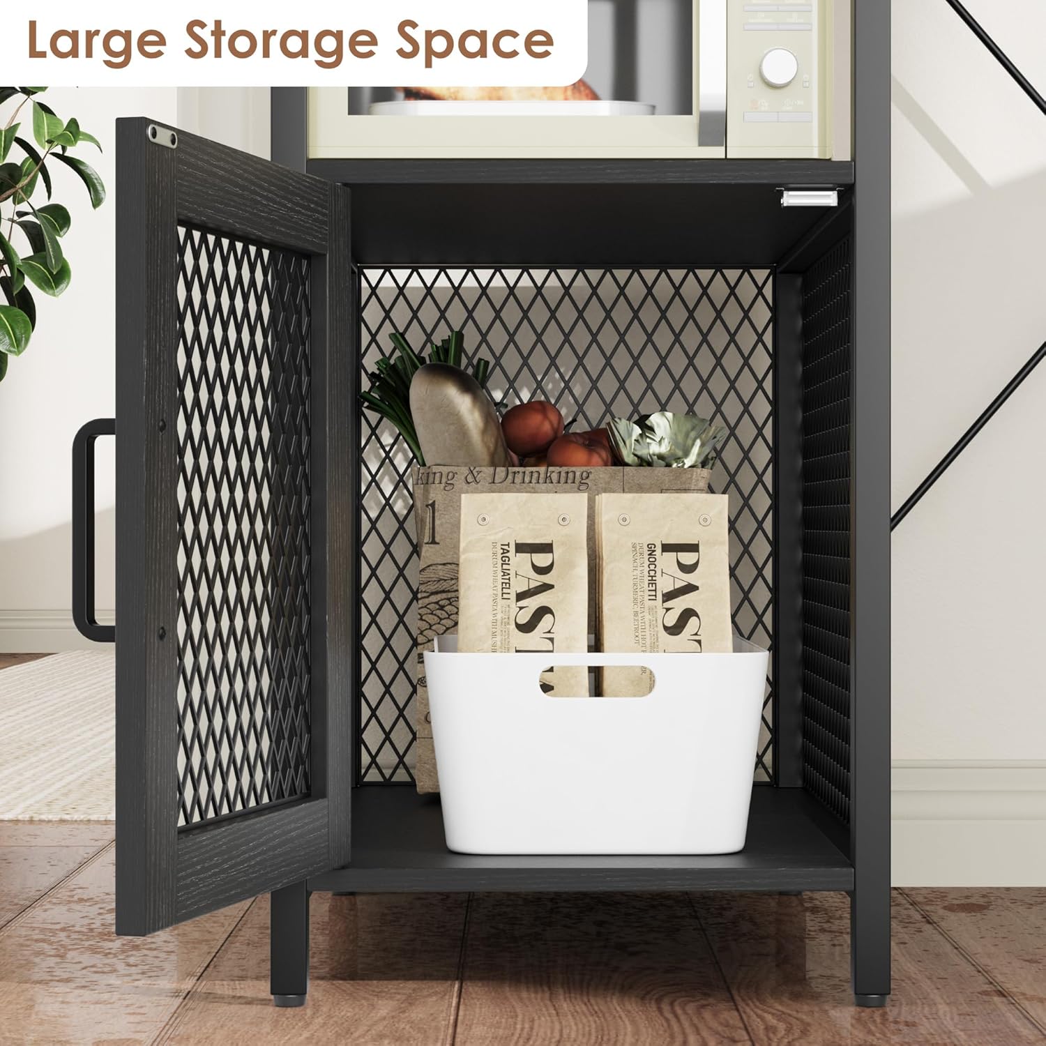 IDEALHOUSE Kitchen Bakers Rack with Refrigerator Storage Space, Industrial Microwave Stand with Power Outlet, Freestanding Kitchen Shelf for Pantry Living Room, 33.9 x 19.7 x 58.1 Inches, Black