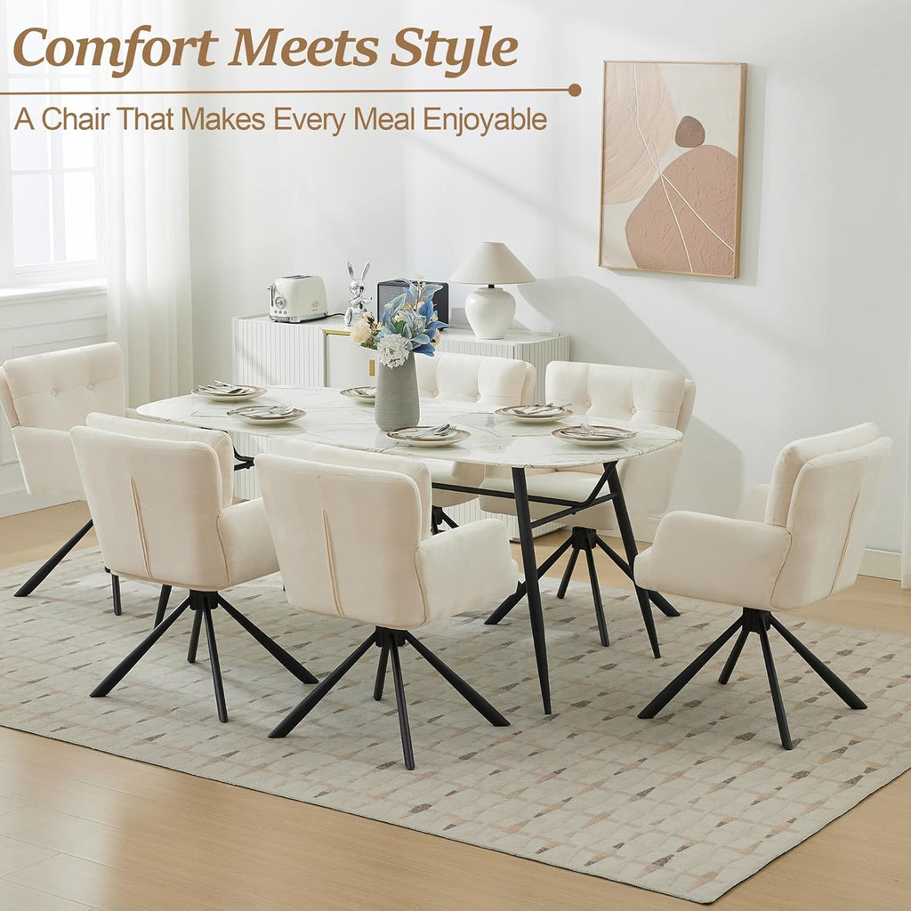 WUTUTUEE Fabric Dining Chair Modern Upholstered Swivel Dining Room Chairs Comfy Accent Armchair with Mid Back, Desk Arm Chair No Wheels for Kitchen/Living Room/Home Office, White