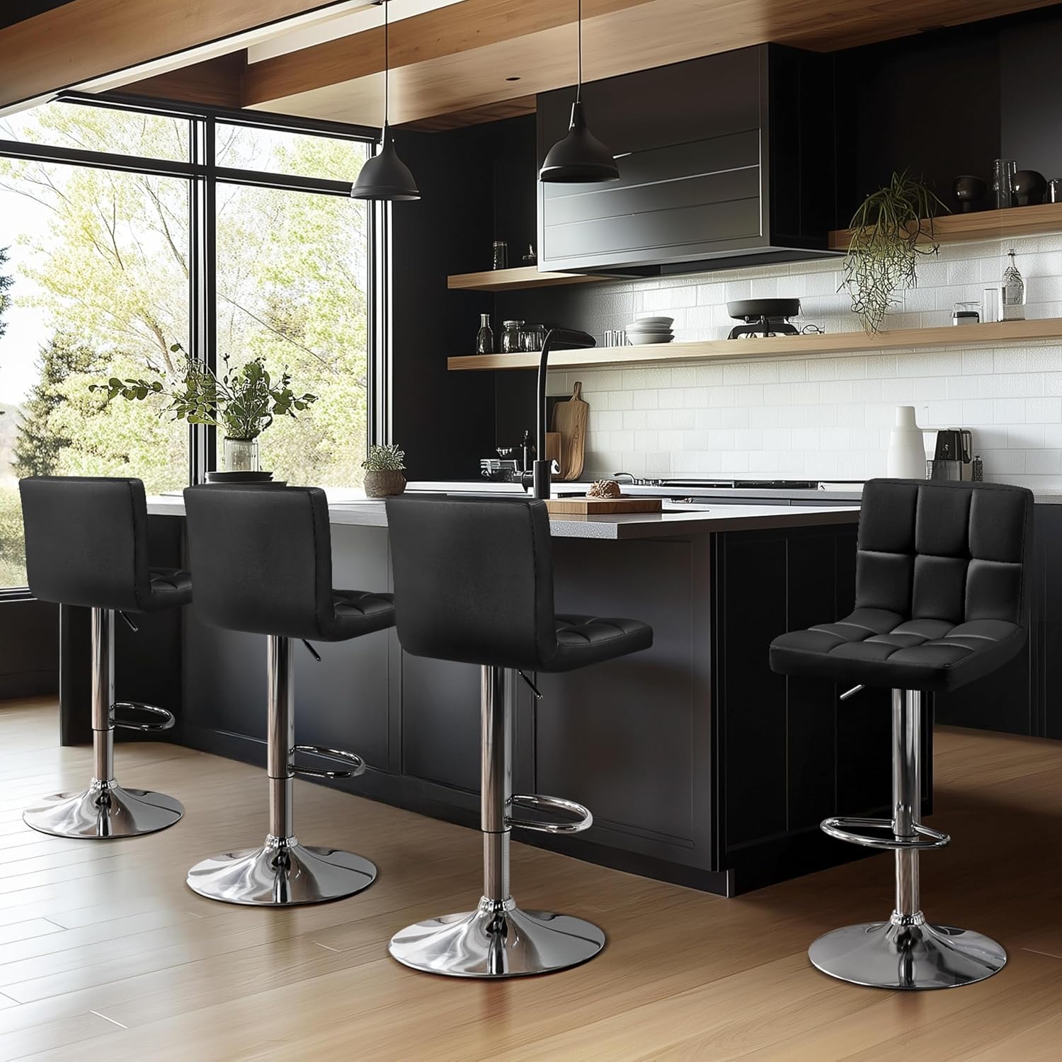 Yaheetech Bar Stools Set of 4, PU Leather Swivel Barstools, Height Adjustable Counter Chairs with Back for Bar Kitchen Island Dining Room, 300lb Capacity, Black
