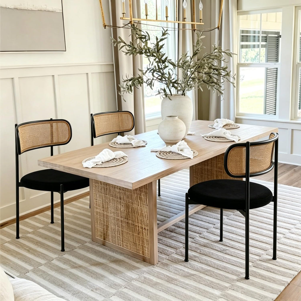 Rattan Dining Chairs Set of 2, Kitchen Chairs with Curved Cane Backrest &Metal Legs, Modern Dining Room Chair, Round Upholstered Sherpa Chair for Living Room, Black