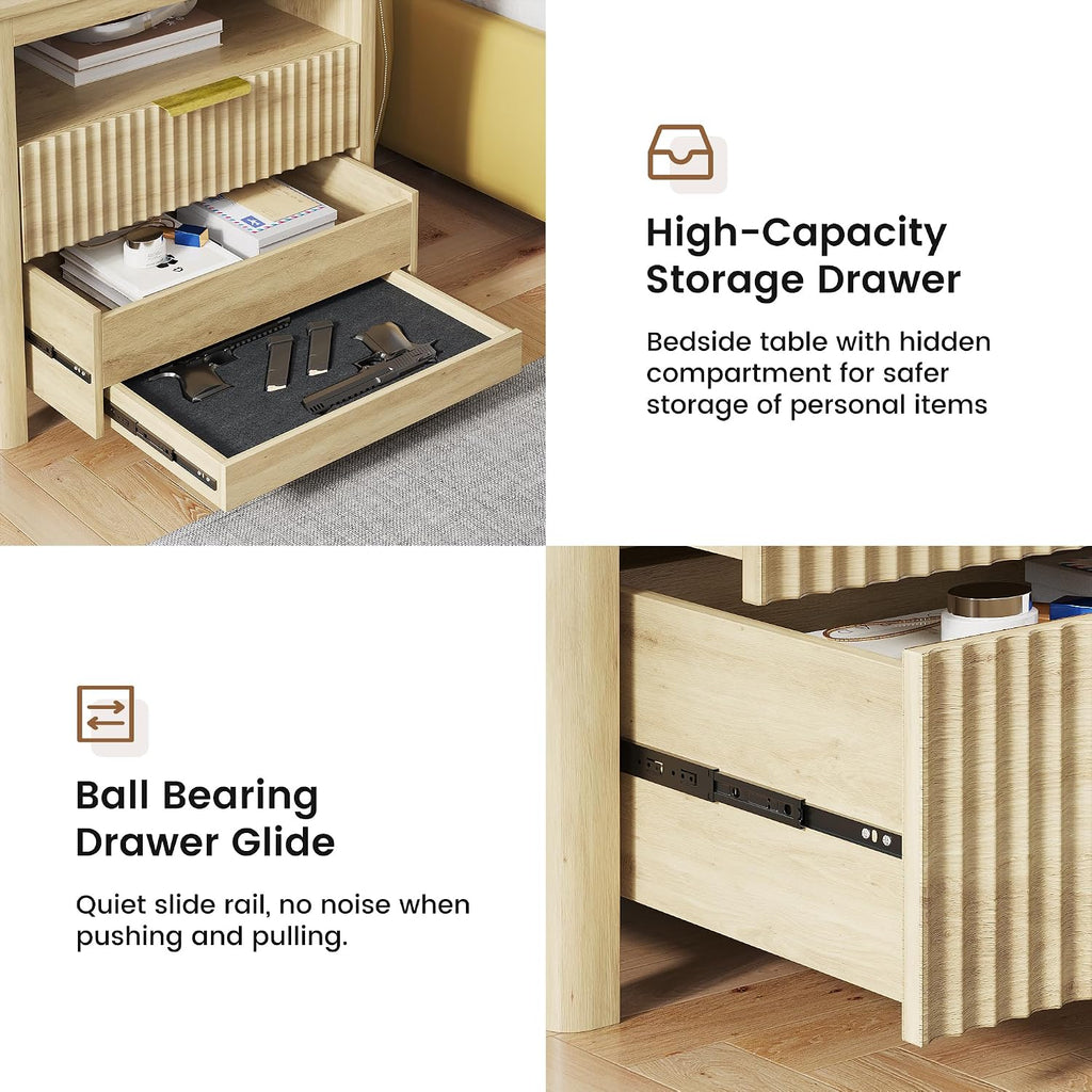 Gurexl 3-Color LED Sensor Nightstand with Gun Drawer, Charge Station, Wood