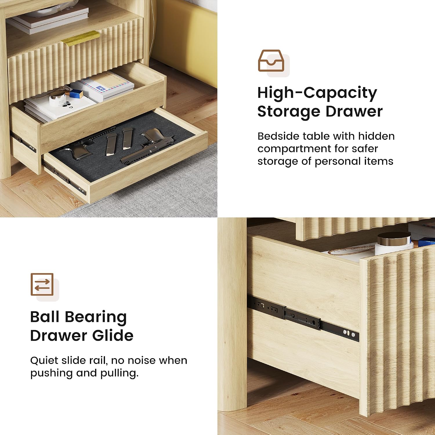 Gurexl 3-Color LED Sensor Nightstand with Gun Drawer, Charge Station, Wood
