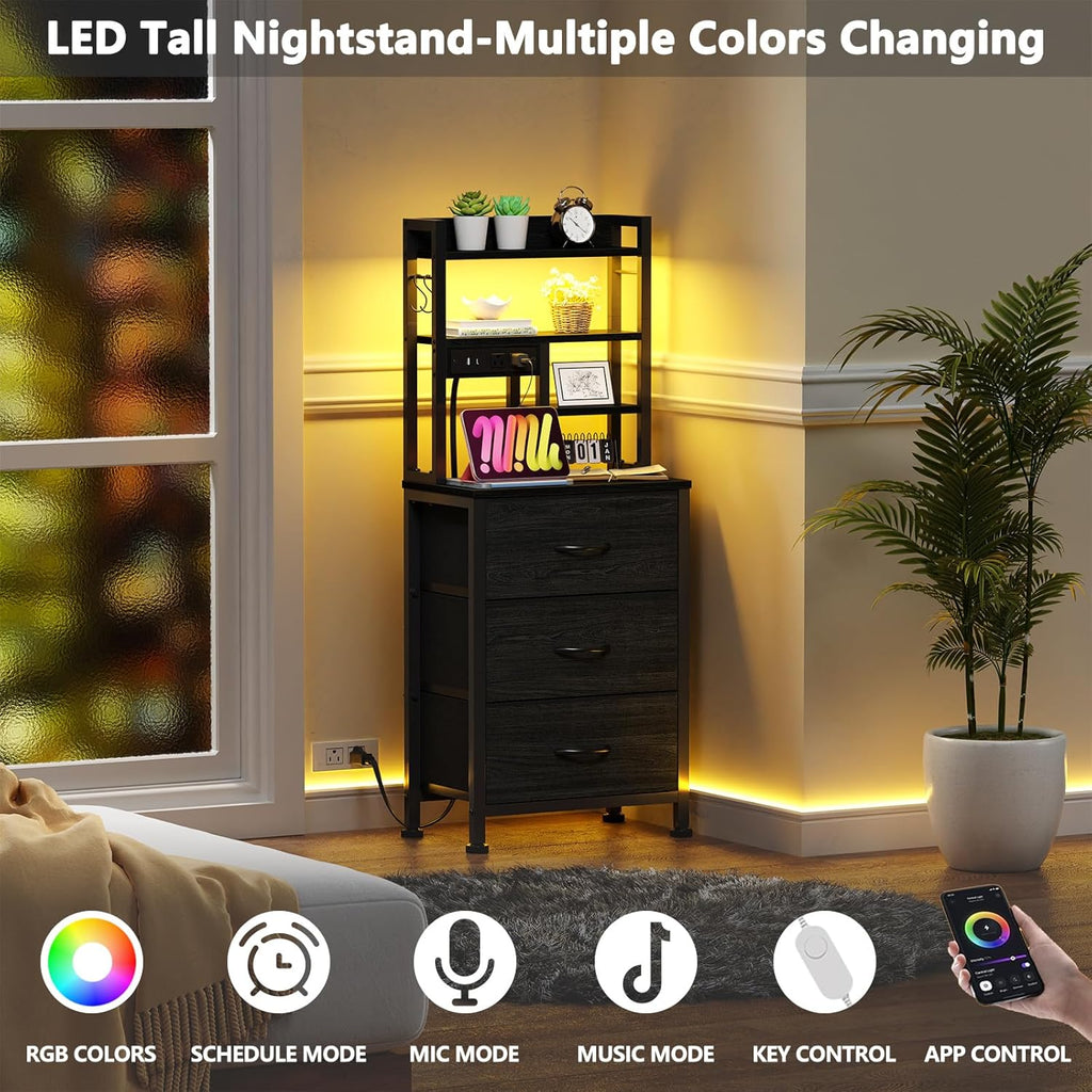 Furnulem Black Nightstands Set of 2, Tall Night Stand with Charger Station | 3 Fabric Drawers and Led Lights, USB Ports & type-C, 4-Tier Storage Shelves, Tall Bed Side Table for Bedroom/Dorm/Office