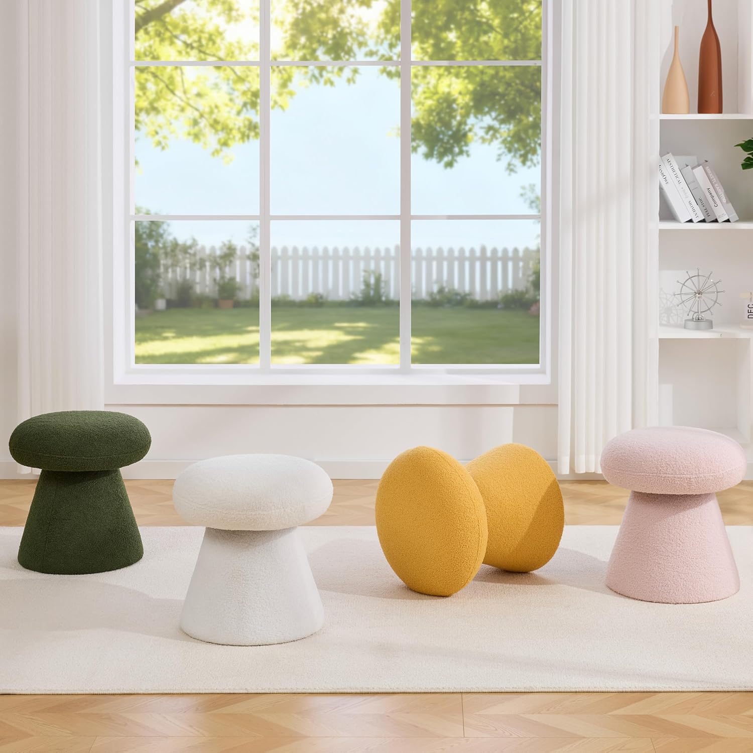 FOXHUNTER Mushroom Ottoman Foot Rest Pouf Ottoman with 360° Rotation, Footstool for Makeup Room Living Room Bedroom Entrance(Yellow, Teddy)