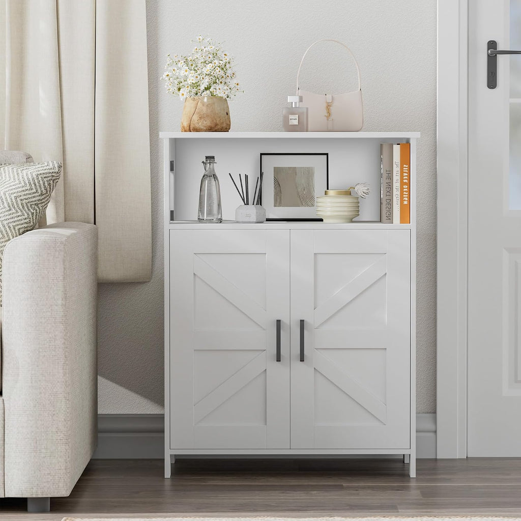 Homhedy Farmhouse Bathroom Storage Cabinet with Doors, Small Floor Cabinet | Toilet Paper Cabinet with Adjustable Shelf, Freestanding Storage Cabinet for Kitchen/Laundry/Living Room, 24"W, White